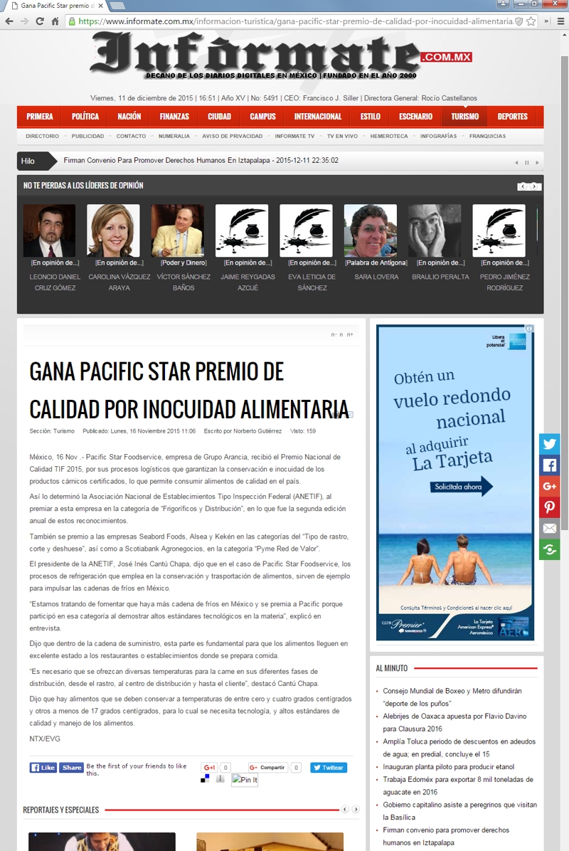 Gana Pacific Star premio de calidad por inocuidad alimentaria
